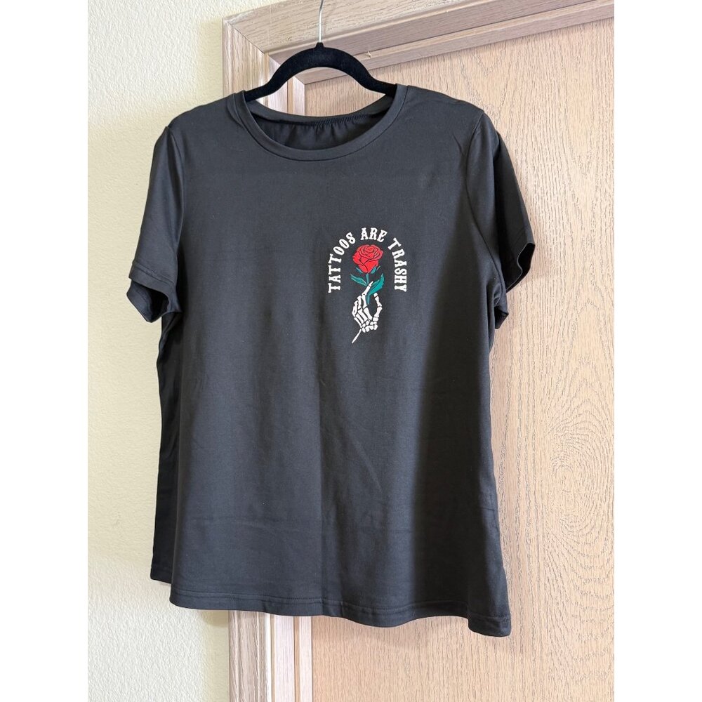 Tattoos Are Trashy” Graphic Tee – Black Statement T-Shirt w/ Rose & Skull | Size